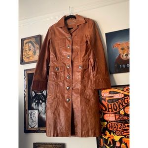 LOWEST PRICE VTG Brown Leather Long Coat Size S